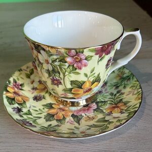 Floral Teacup and Saucer Set with Gold Trim from Golden Crown Collection